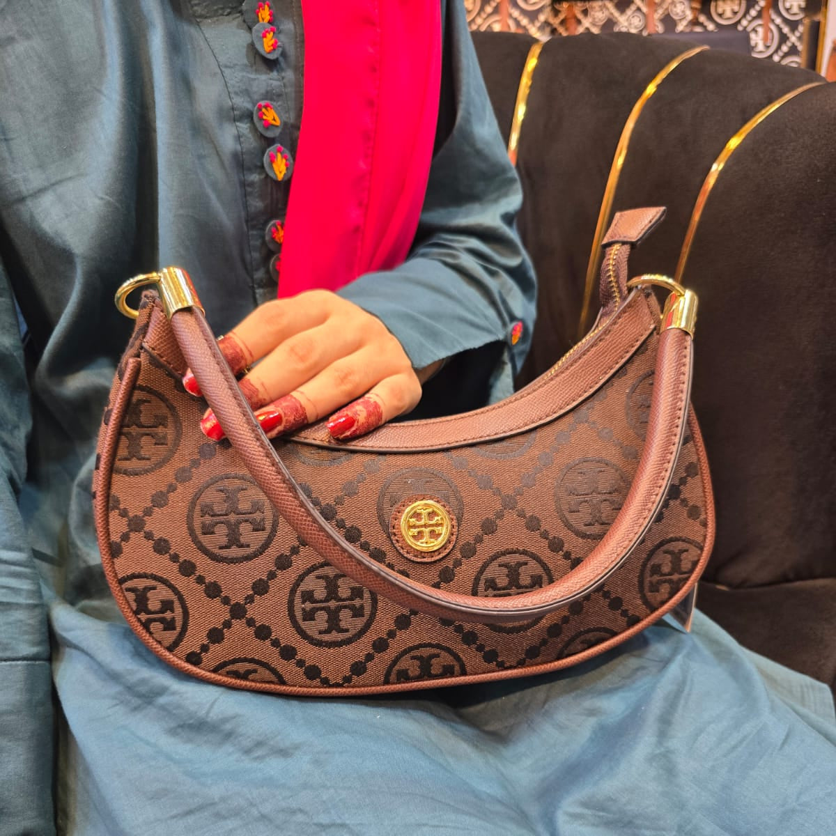 Tory Burch - Inspired Crossbody Bag β Stylish Women Bag with Full Branding & Long Belt(Dark Brown)